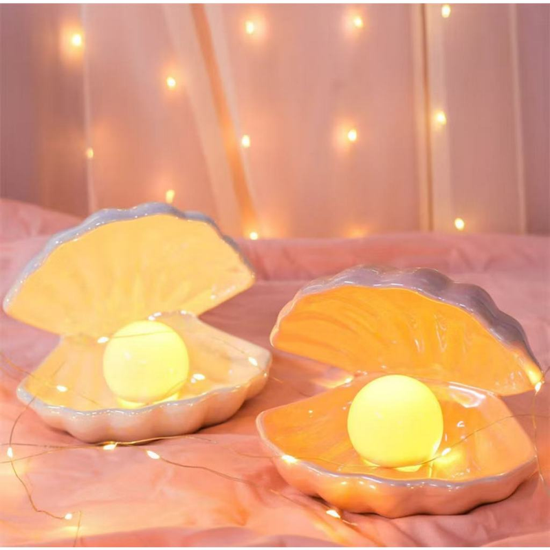 Luminária Pérola com Concha | Luz Noturna Decorativa de Mesa Presente Criativo